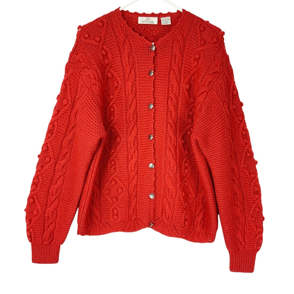 Carroll Reed Red Wool Cardigan XL Button Crew Neck Long Sleeve Cable Knit Bobble